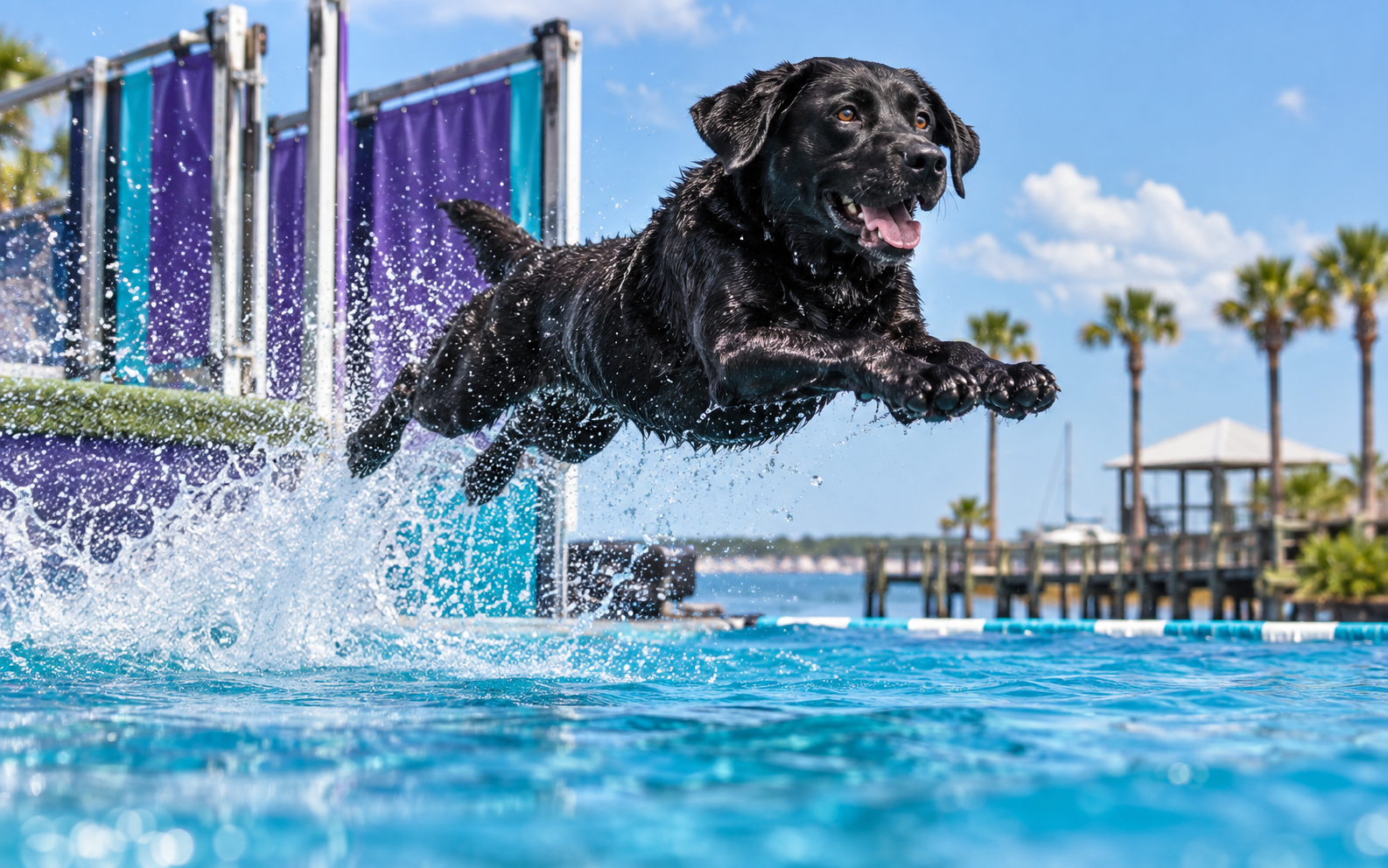 Concept image of an athletic dog launching from a dock
