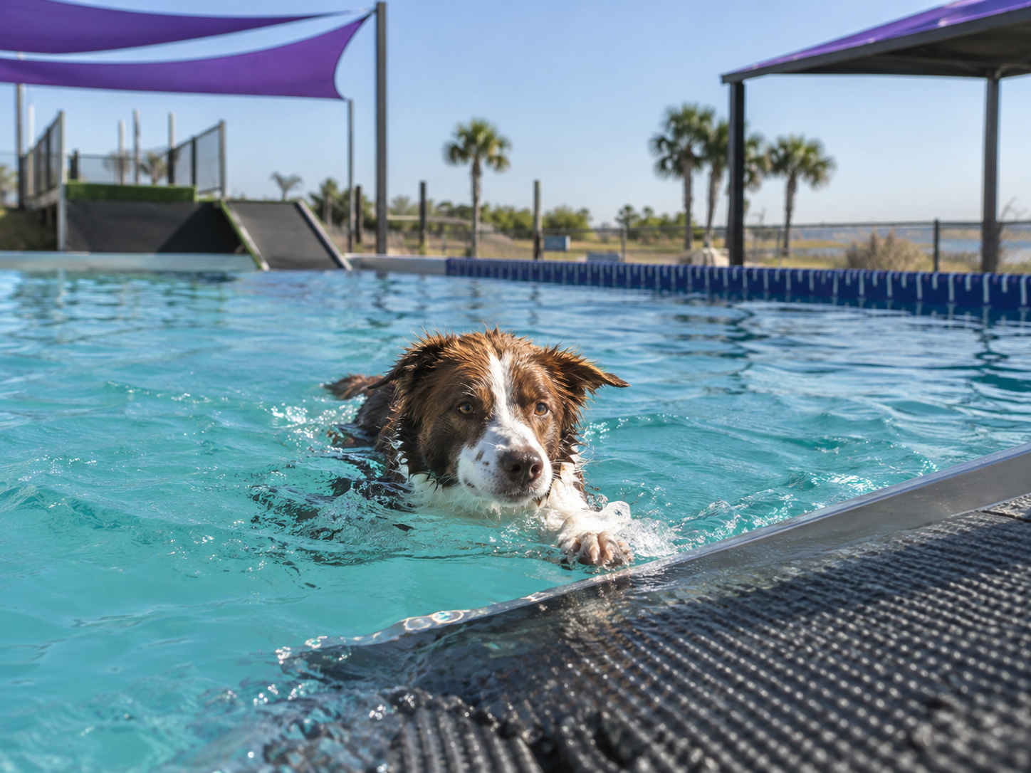 Concept image of a dog swimming after a dock-diving jump